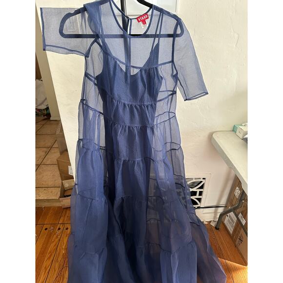STAUD Hyacinth Tiered Organza Maxi Dress in Navy S - Picture 1 of 5